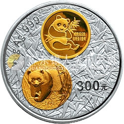 中國熊貓金幣發(fā)行20周年銀鉑紀念幣1公斤鑲金銀幣